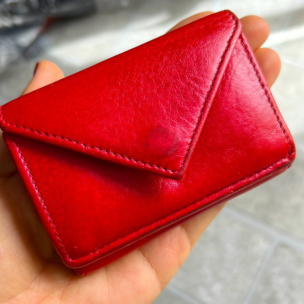 BALENCIAGA Everyday Mini Papier Leather Trifold Envelope Red Wallet Auth.
